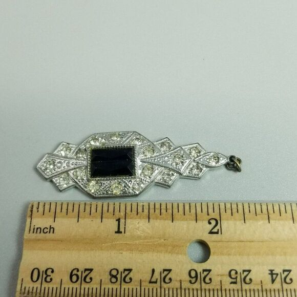 Vintage Black Rhinestone and Silver Tone Pendant, Art Deco Style, Retro Estate - Picture 5 of 7